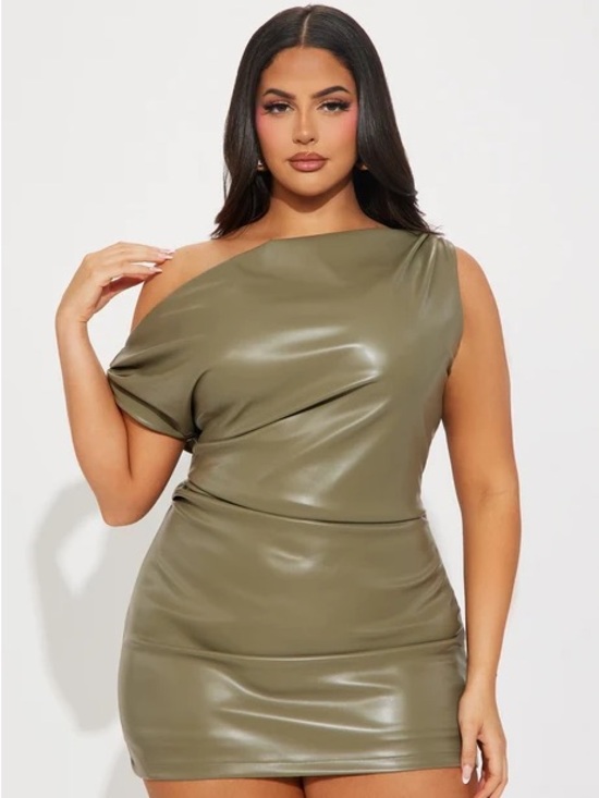 Fashion Nova Dresses & Skirts - Fashion Nova One-Shoulder Olive Faux Leather Mini Dress